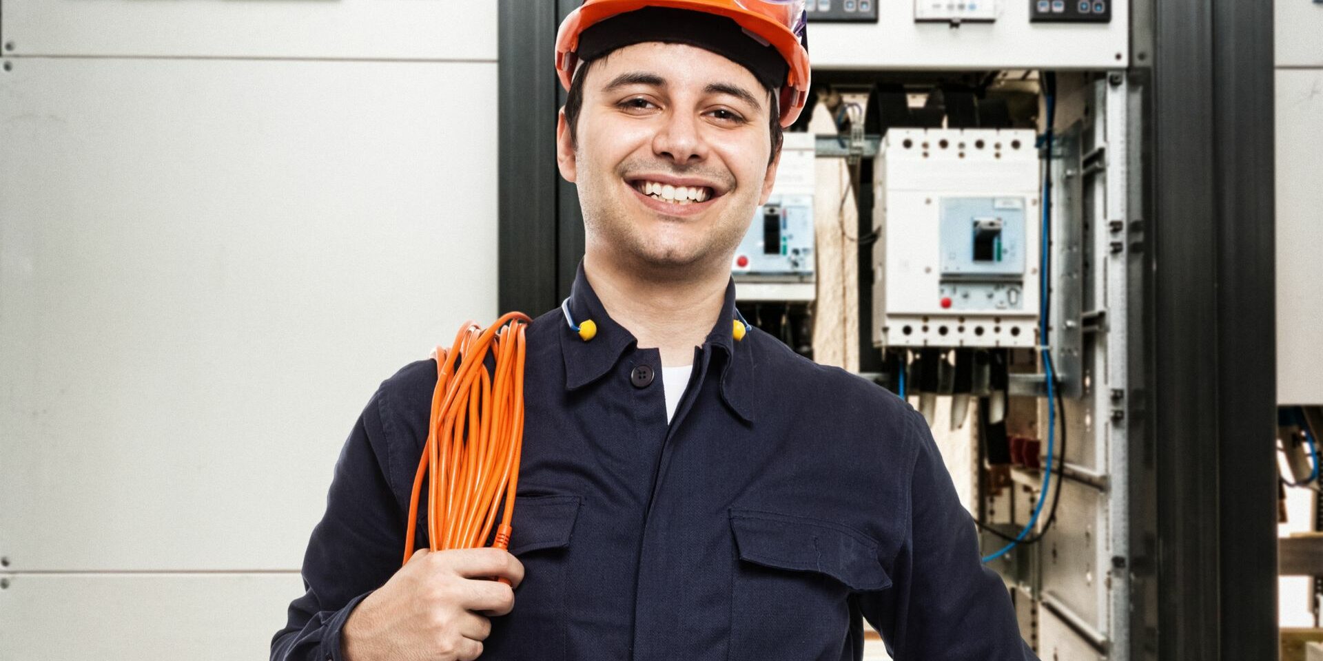 Male in a hard hat smiling with extension cord over his shoulder.