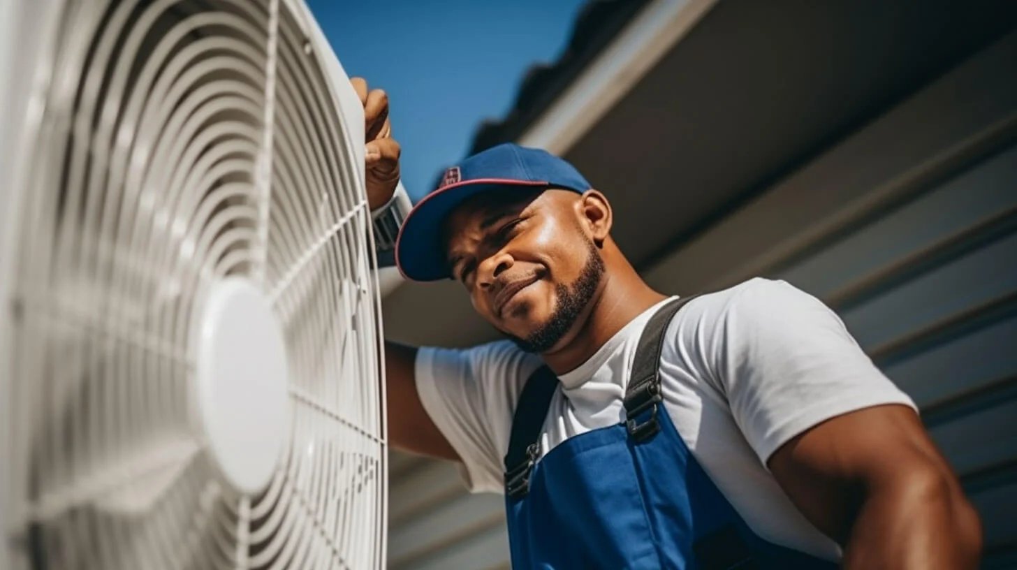HVAC technician in uniform working on an air conditioning unit