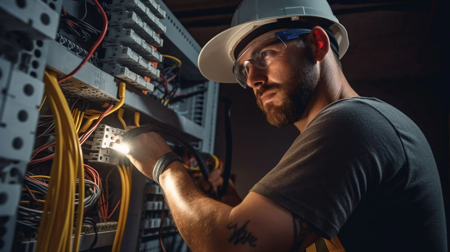 Electrician wearing safety gear working on electrical panel, showcasing skills learned in NTI’s hands-on electrical