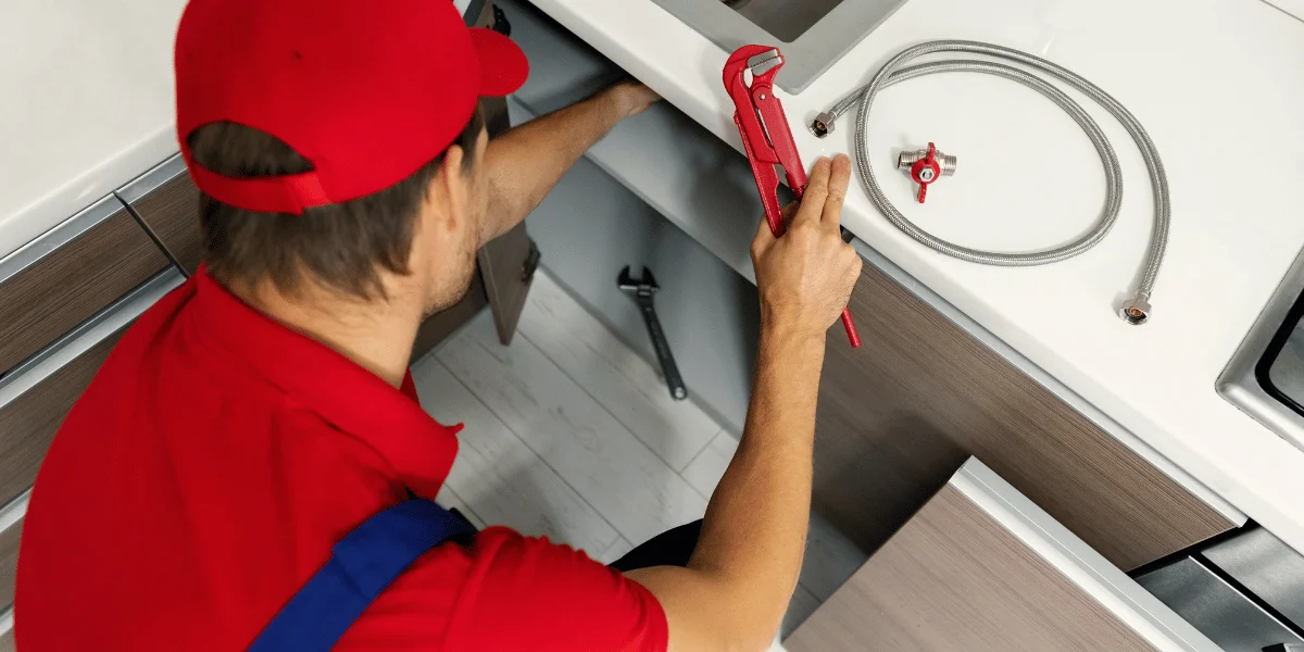top-down view of a plumber working on a sink