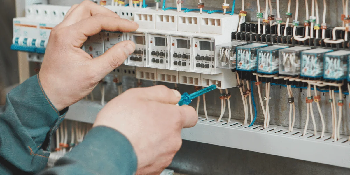 closeup of a breaker panel and hands doing repair work