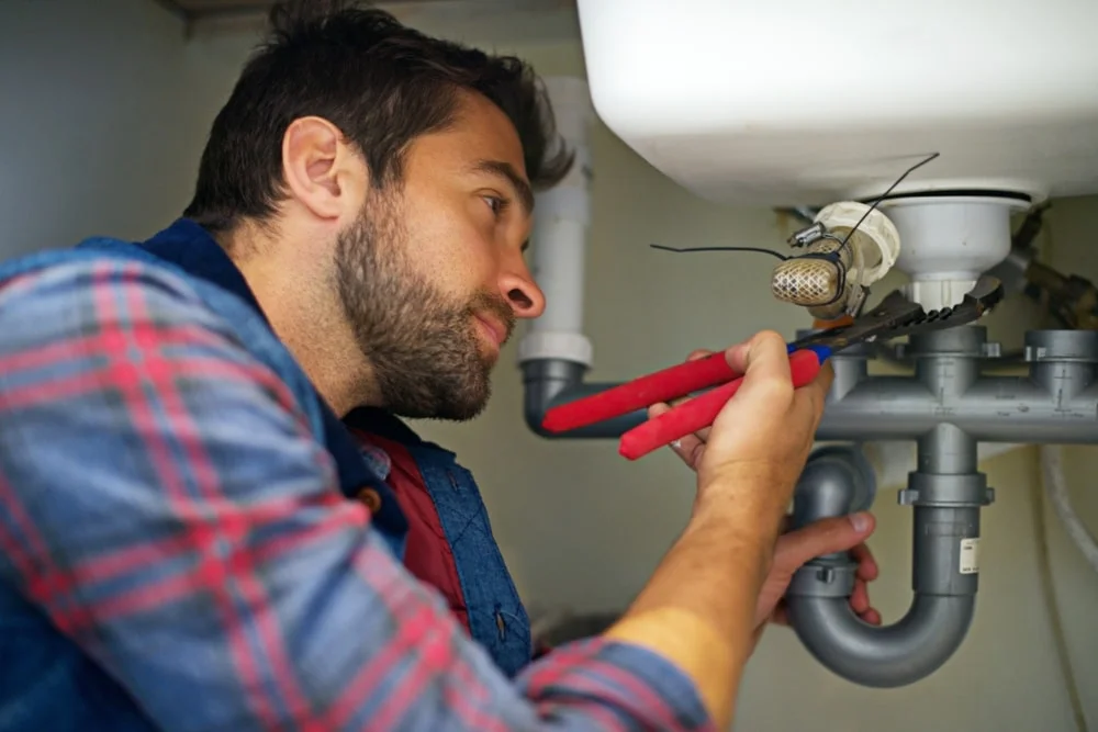 plumber working on sink in plaid shirt