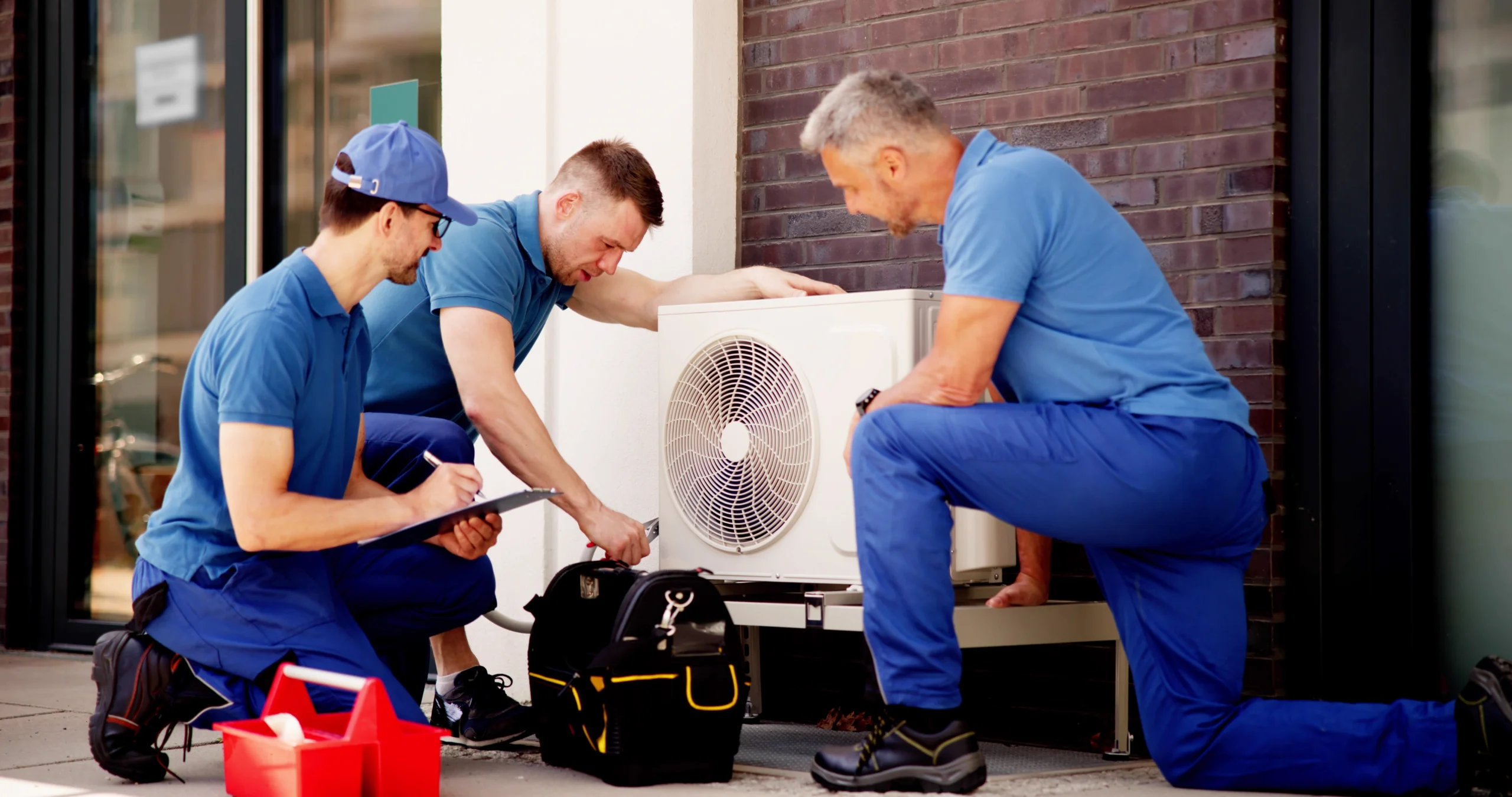 HVAC technicians working on an AC unit together