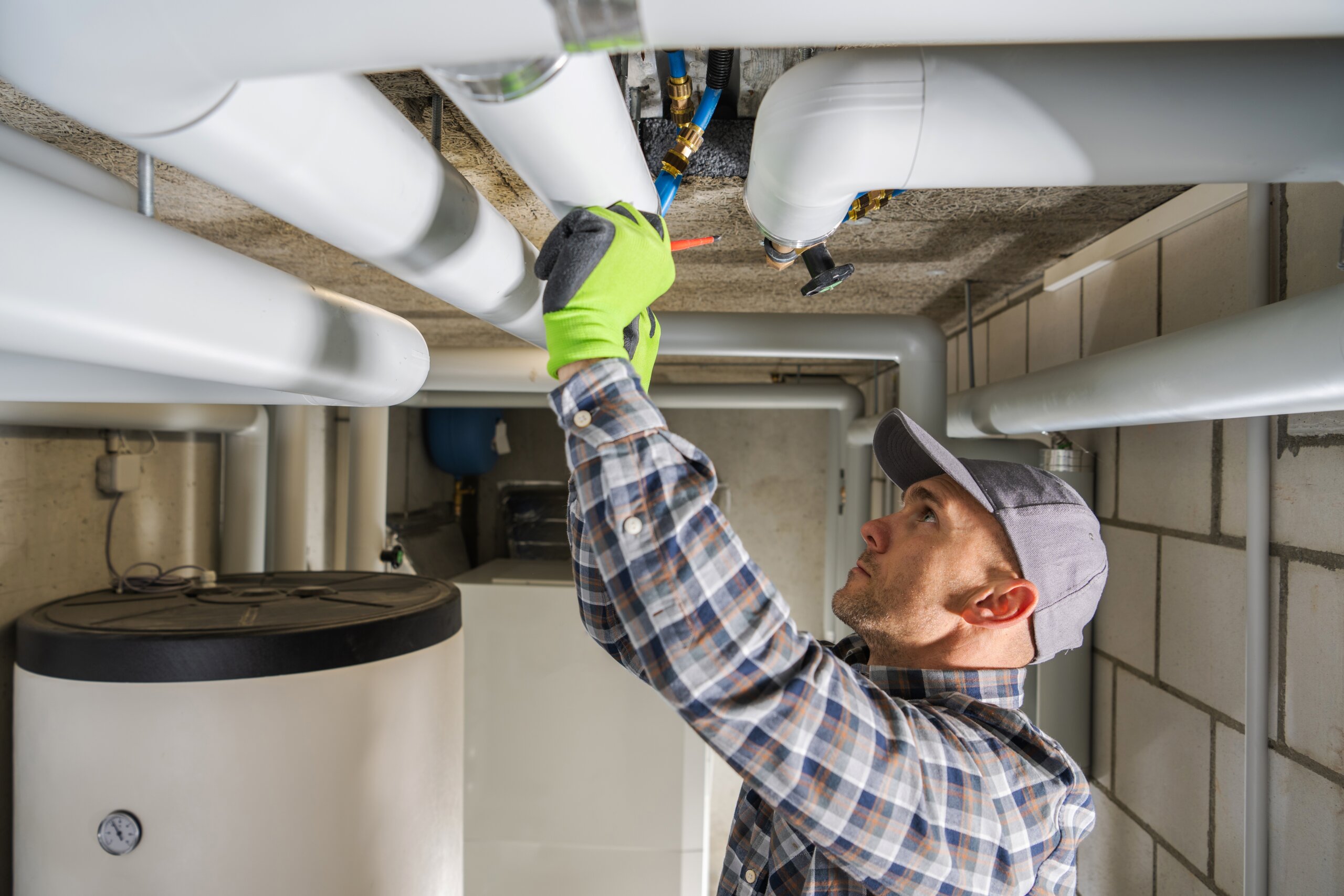 Plumbing technician working on pipes and fittings, illustrating a day in the life of a plumbing professional.