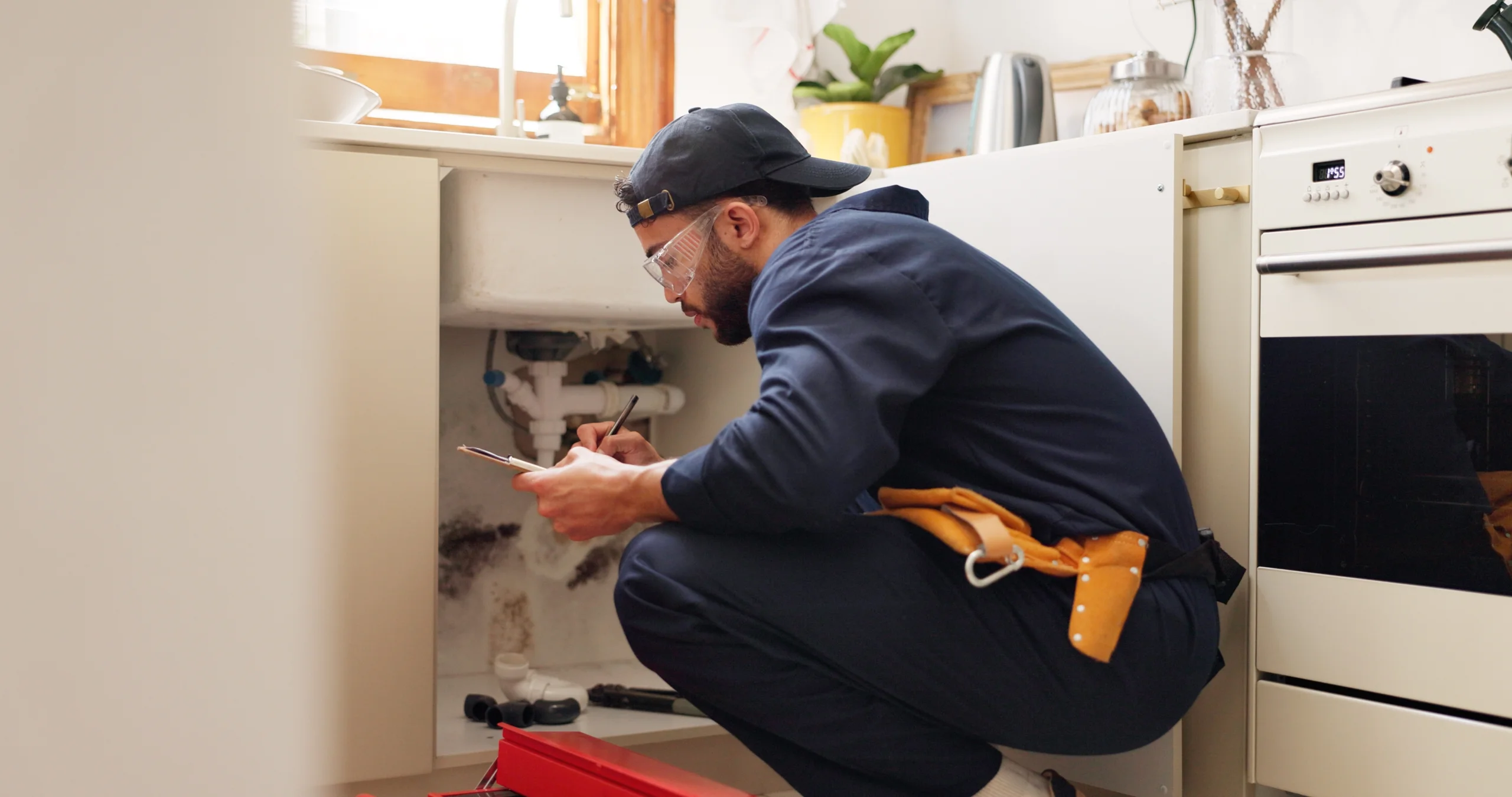 Plumber looking under the sink and taking notes